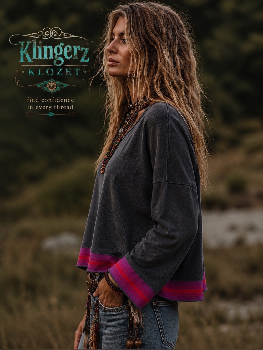 Charcoal cropped Crewneck Pullover with Pink Stripe Trim by Natural life - Picture 3 of 9